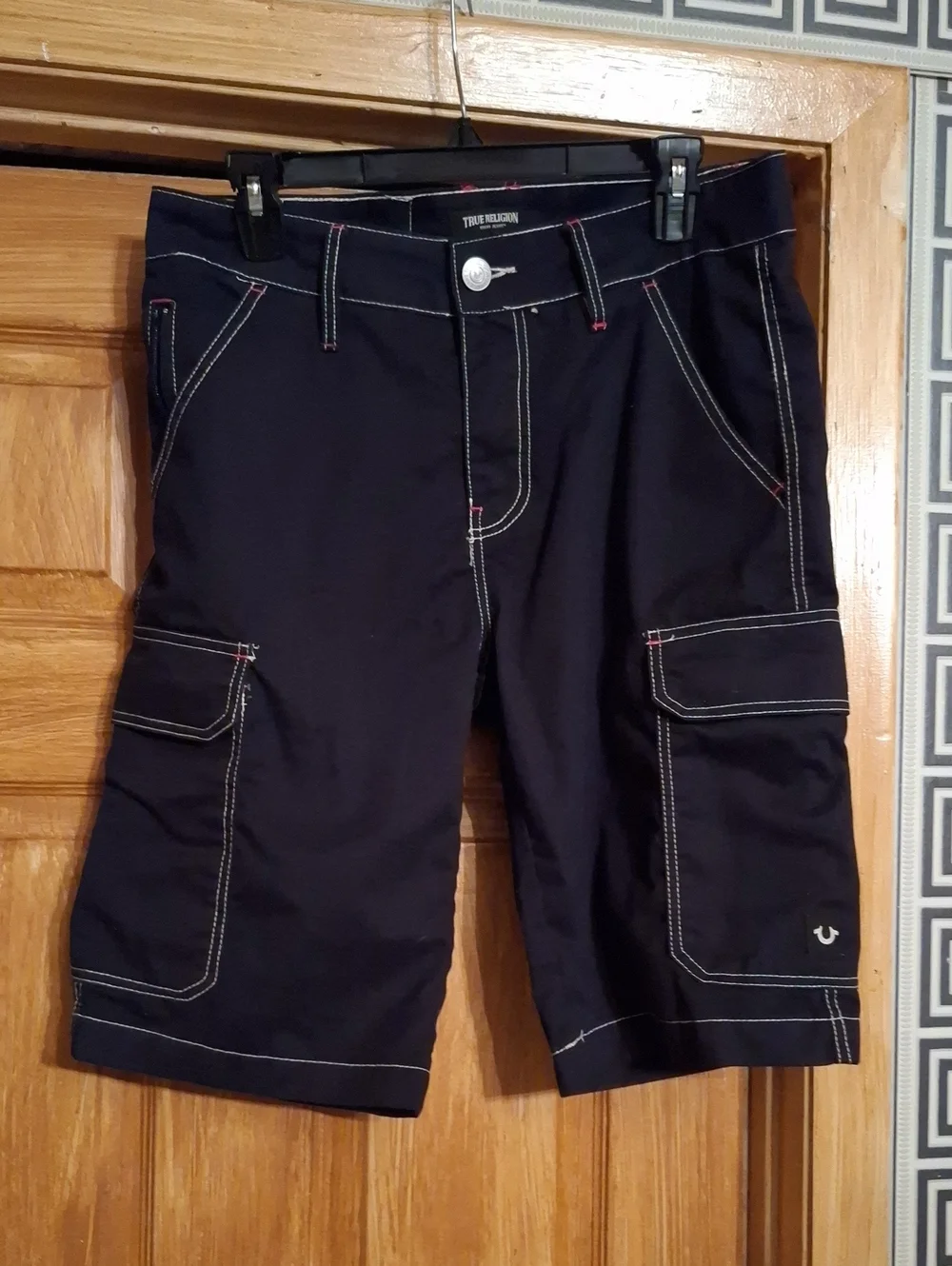 True Religion Men’s Navy Cargo Shorts with Contrast Stitching